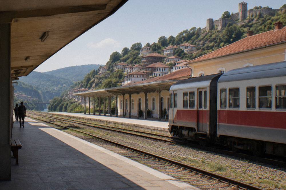 A train standing at a small railway station platform in Bulgaria