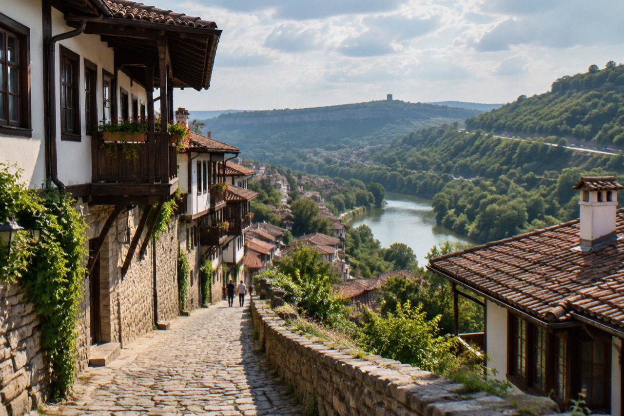 A winding road on a green hillside above the rooftops and river bends of Veliko Tarnovo