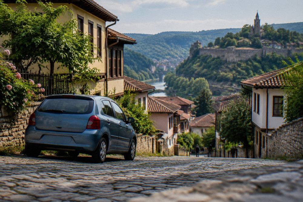 A compact rental car parked on a quiet cobblestone street in an old Bulgarian town