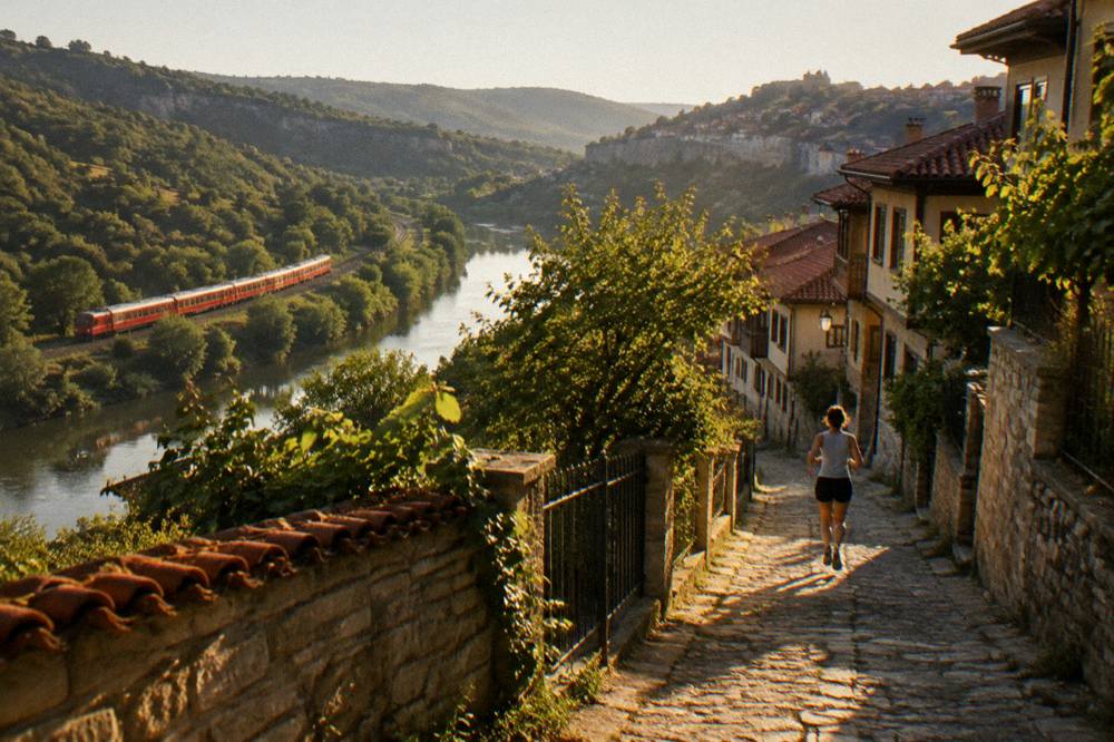 A red train travelling through green hills beside a river in northern Bulgaria