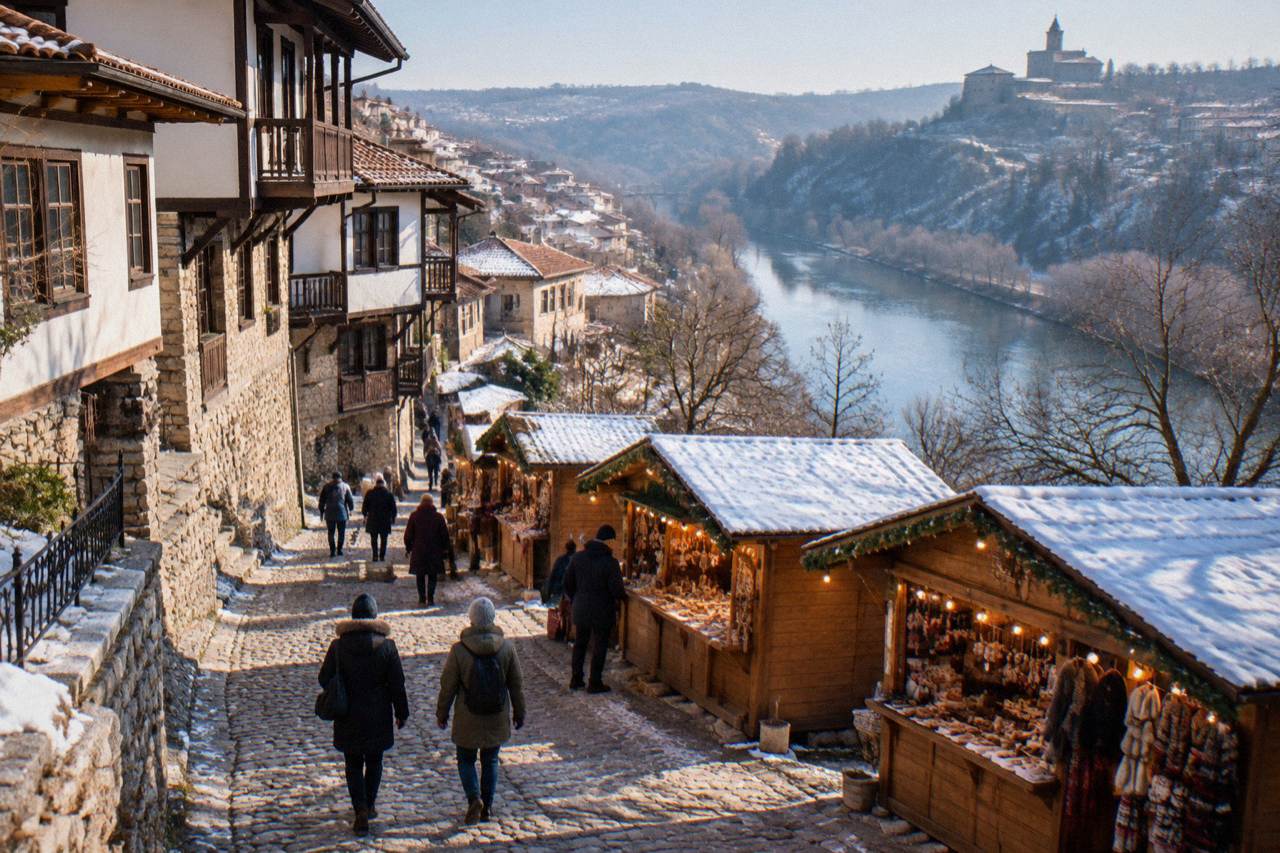 Wooden market chalets with warm lights in a park in Veliko Tarnovo