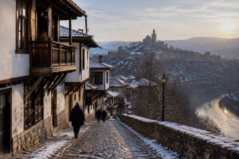 A stone fortress hill and church tower seen from a snowy street at dusk