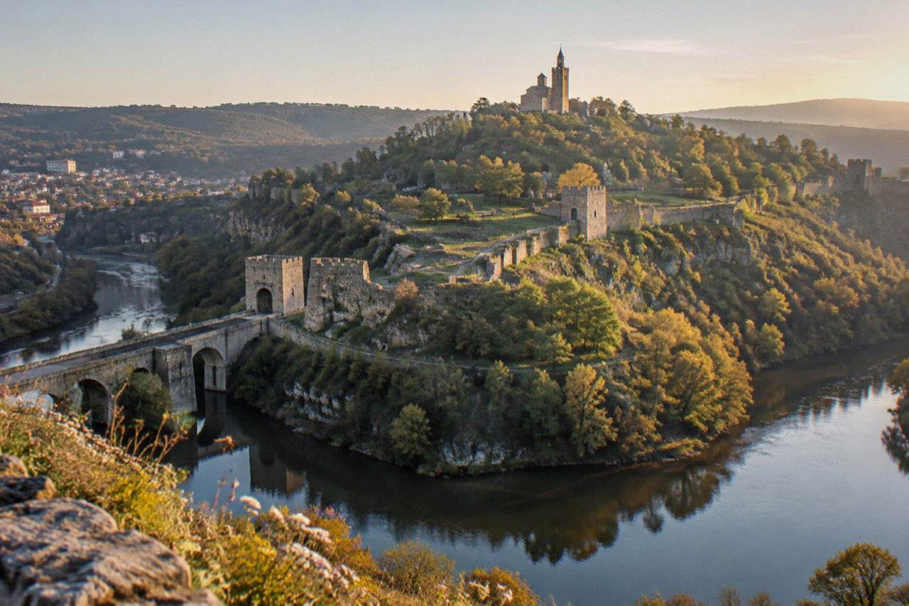 The walled hill of Tsarevets Fortress rising above the Yantra river at golden hour