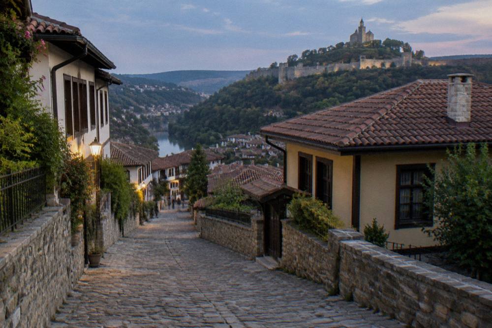 A cobbled street in the Varosha old town with revived period houses on both sides