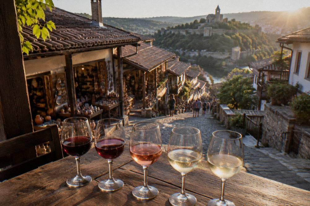 Five glasses of red and white Bulgarian wine lined up on a wooden tasting table