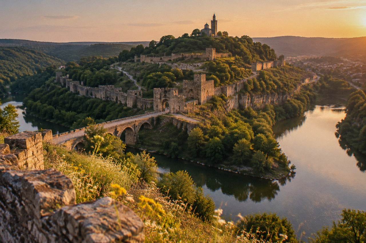 Tsarevets Fortress hill rising above the Yantra river at dusk, with the walled plateau and stone ramparts lit by warm evening light