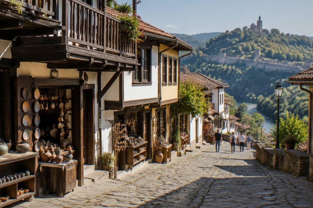 A cobblestone revival street with small craft shops and period facades in the Samovodska Charshiya area