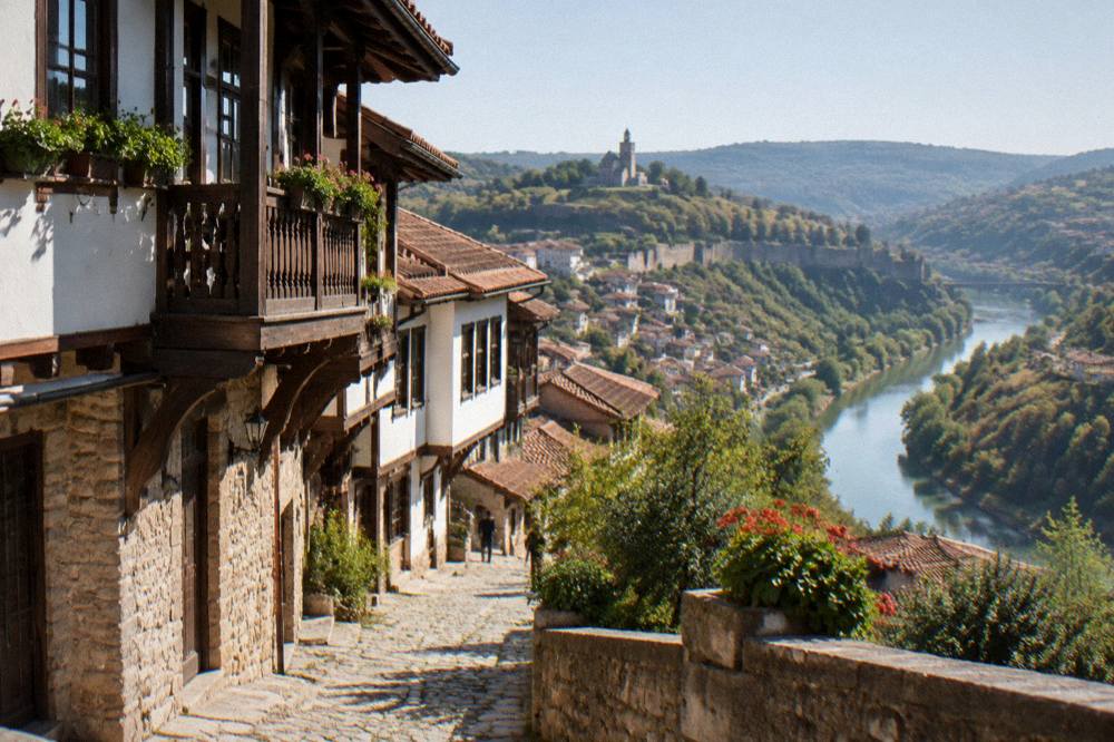 Morning view over the red roofs of Veliko Tarnovo and the winding Yantra river gorge from a hilltop terrace
