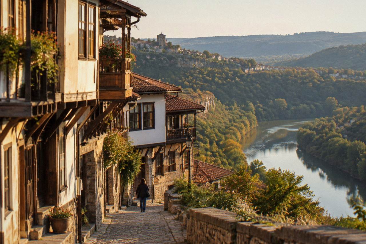 The Yantra river curving around a forested hillside below the old town of Veliko Tarnovo