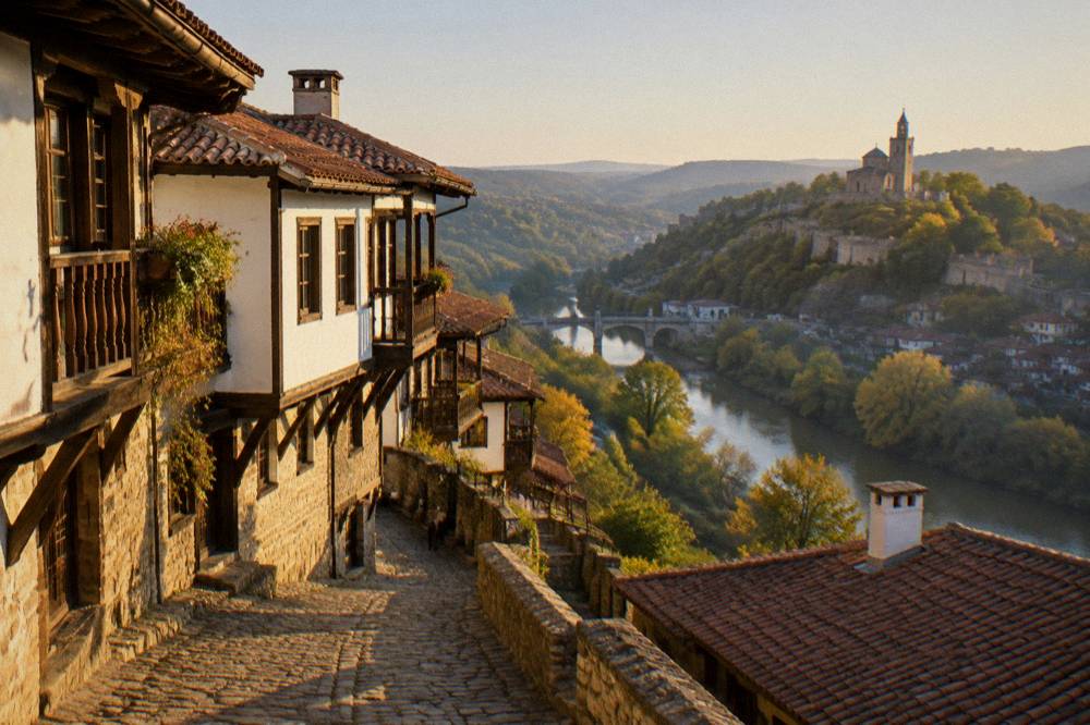 Warm evening light on rooftops and church domes above the river in Veliko Tarnovo