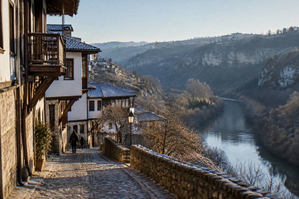 A wooded gorge with limestone cliffs along a river near Veliko Tarnovo