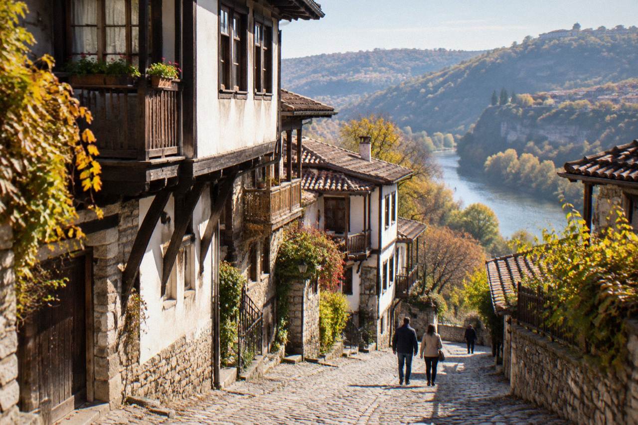 Veliko Tarnovo old houses stacked above the Yantra river in autumn light