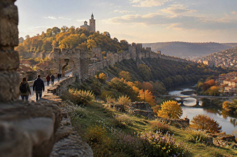 Visitors walking the ramparts of Tsarevets Fortress under an October sky