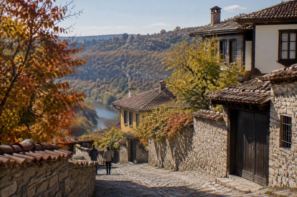 Red and gold autumn leaves against traditional revival-era houses on a hillside