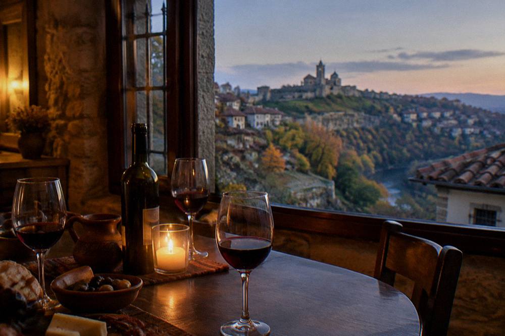 A table set with Bulgarian wines and glasses in a candlelit room