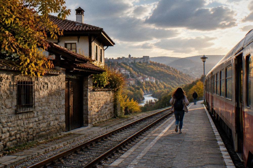 A regional train at a small Bulgarian station in soft evening light