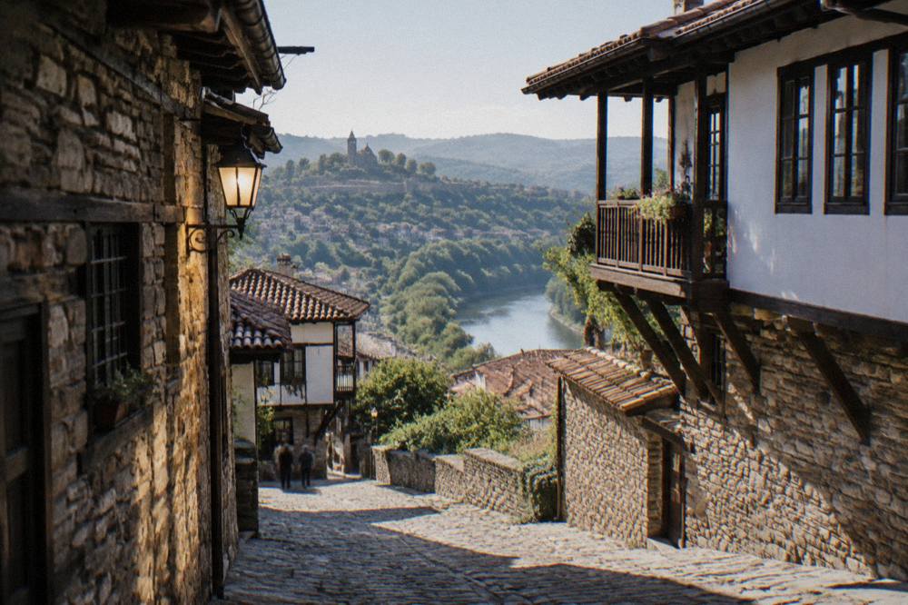 A cobbled old-town street with warm lamplight reflecting off stone walls