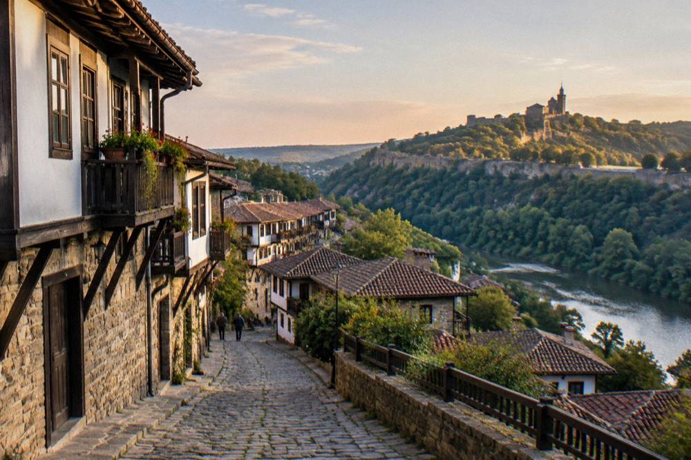 A stone fortress hill rising above rooftops with the hillside lit against a twilight sky