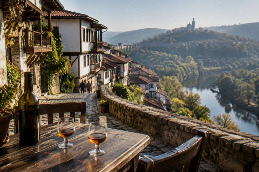 Small glasses of amber brandy and a bottle of wine on a wooden tavern table
