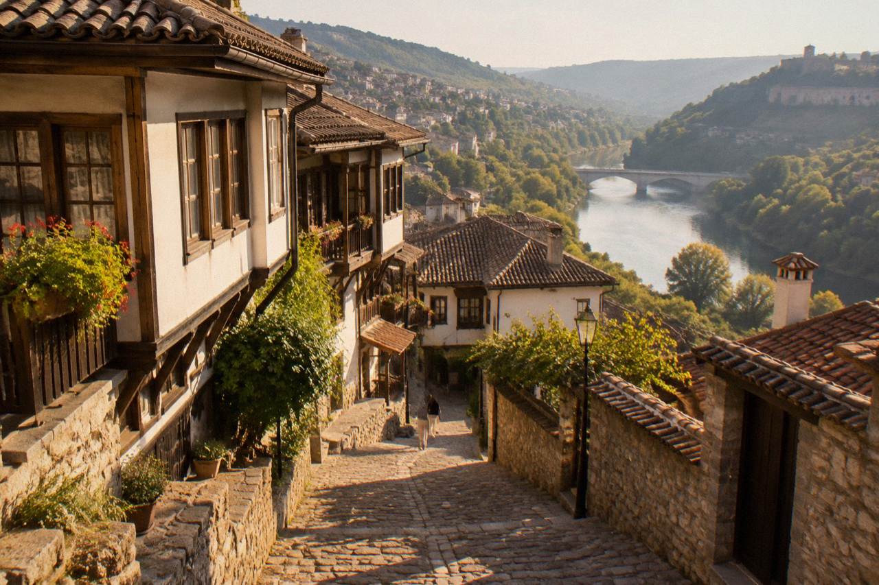 A street of old houses on a hillside above a river bend in Veliko Tarnovo