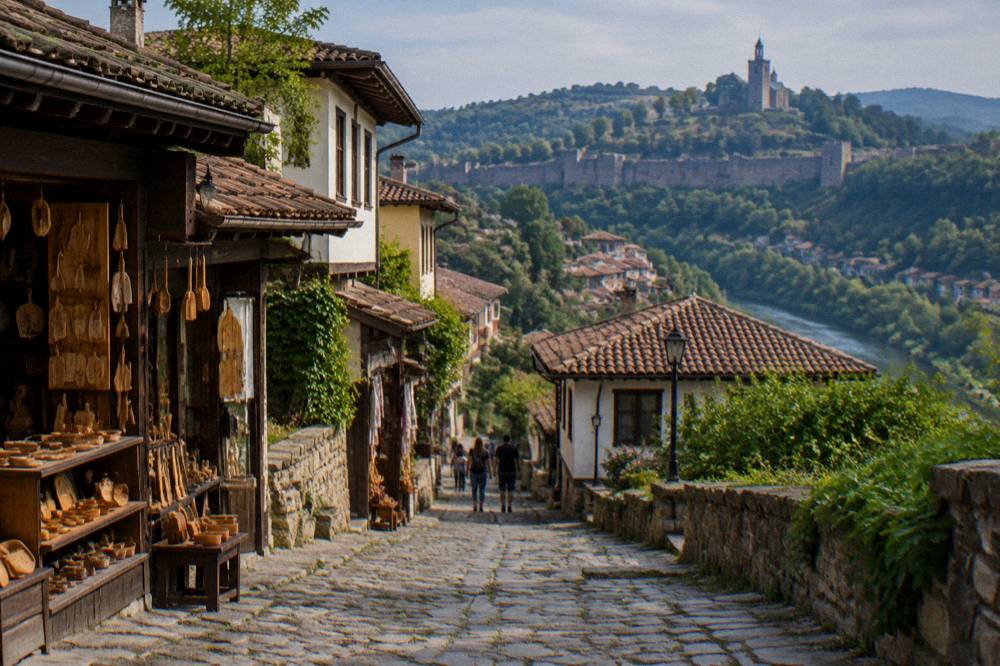 Wooden craft shops along the street of an open-air ethnographic museum