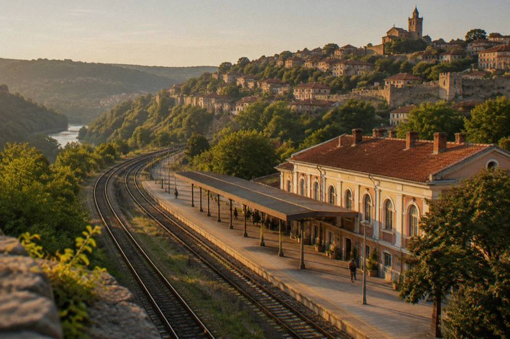 Railway tracks curving through green countryside toward a small station building