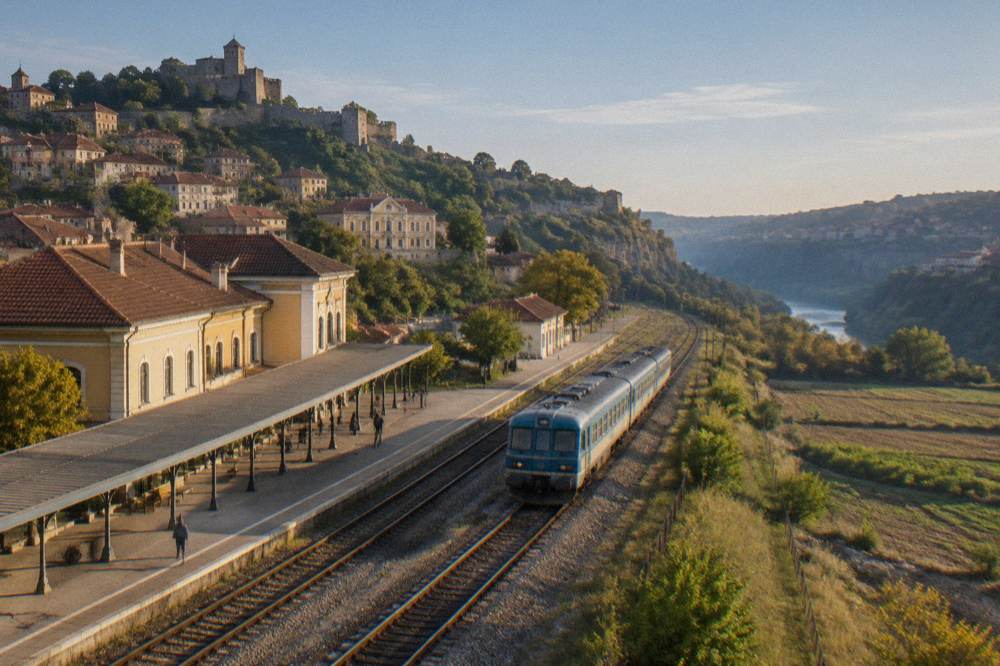 A regional train travelling beside farmland under a wide sky in northern Bulgaria