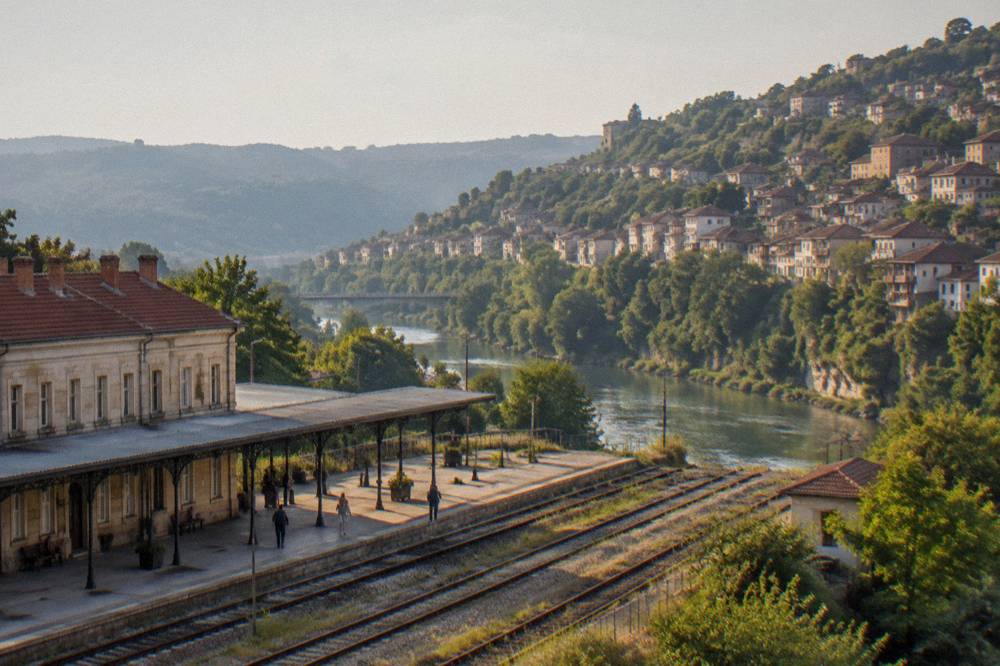 A sloping city street with traditional houses above a river gorge in evening light