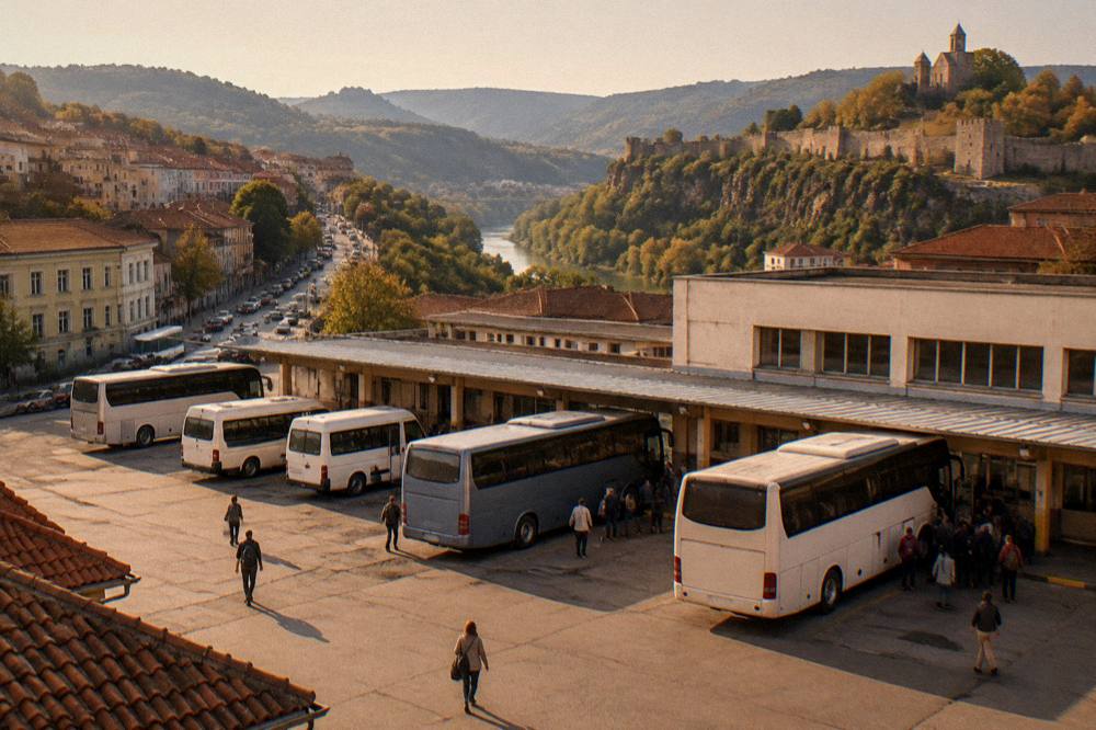 Coaches parked at a small city bus station with passengers boarding