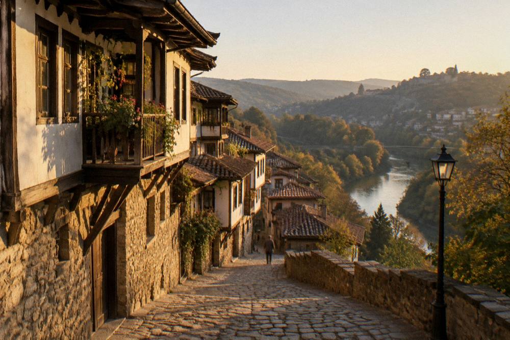 Traditional Bulgarian revival houses stacked on a hillside above a river
