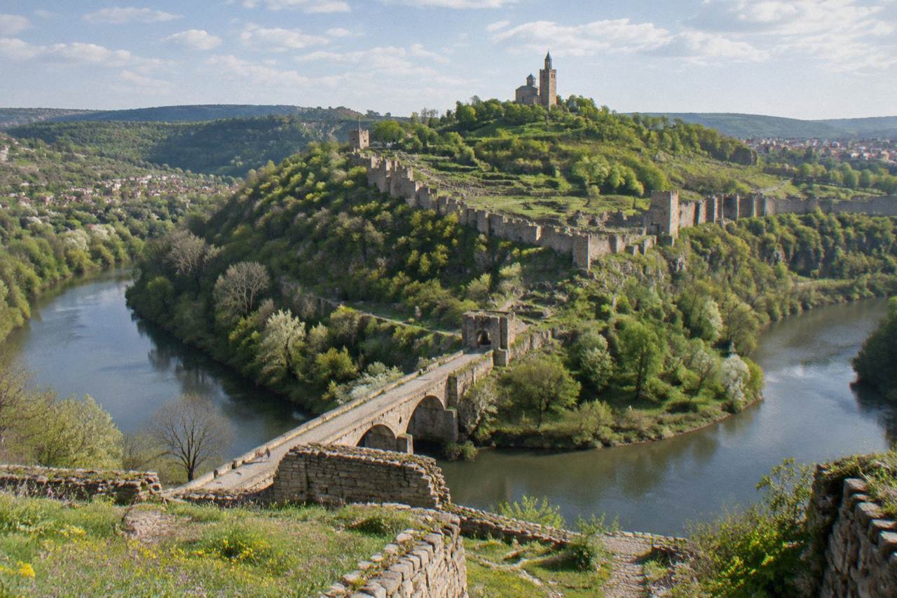 Tsarevets Fortress hill above the Yantra river under a wide sky in Veliko Tarnovo