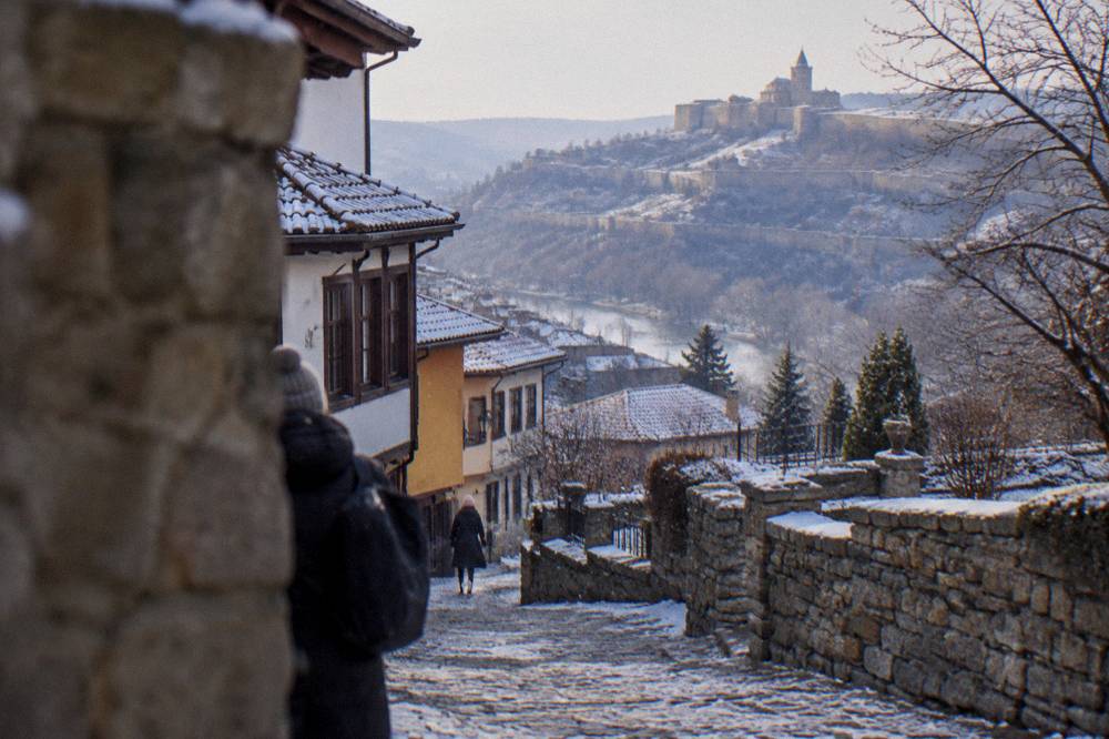 Frost on the stone lanes of the Varosha quarter in Veliko Tarnovo in winter