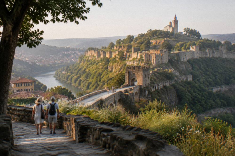 Sunset light on the walls of Tsarevets Fortress in summer