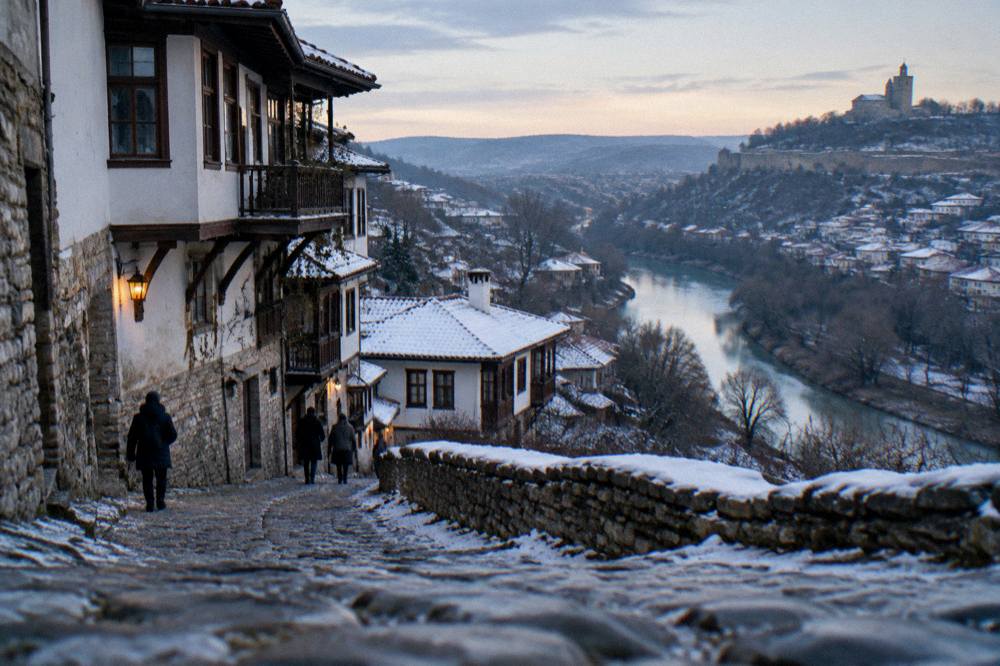 Snow on the rooftops of Veliko Tarnovo with the Yantra river below