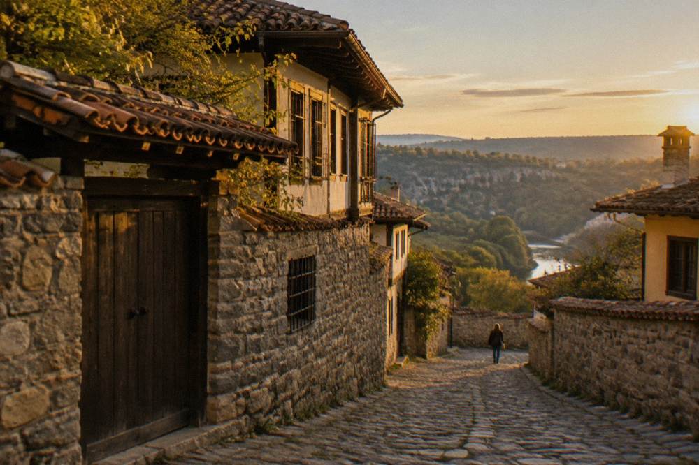 A quiet village street in Arbanasi with high stone walls and old stone houses