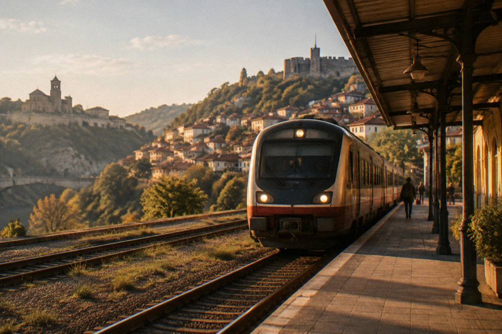 Train arriving at a small Bulgarian railway station platform