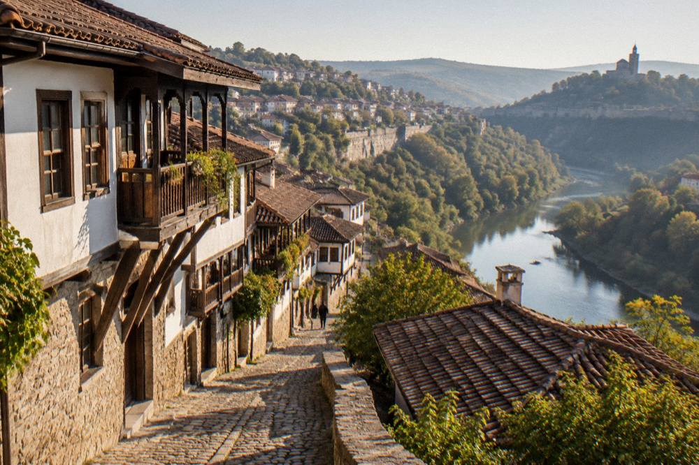 Morning light over tiled roofs and the river gorge in Veliko Tarnovo