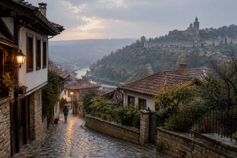 A quiet residential lane of old tiled houses in the Varosha quarter in the evening