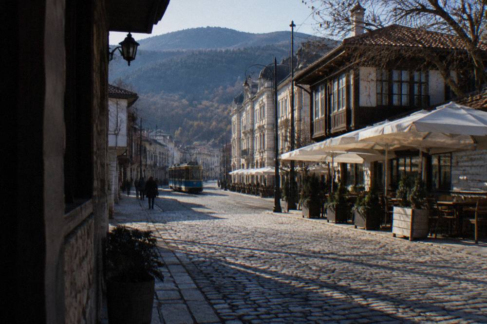 Cobbled street of traditional wooden houses with stone fences in a Revival-era Bulgarian village