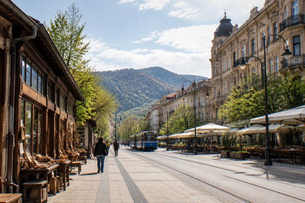 Traditional craft workshops along a museum street with wooden shopfronts