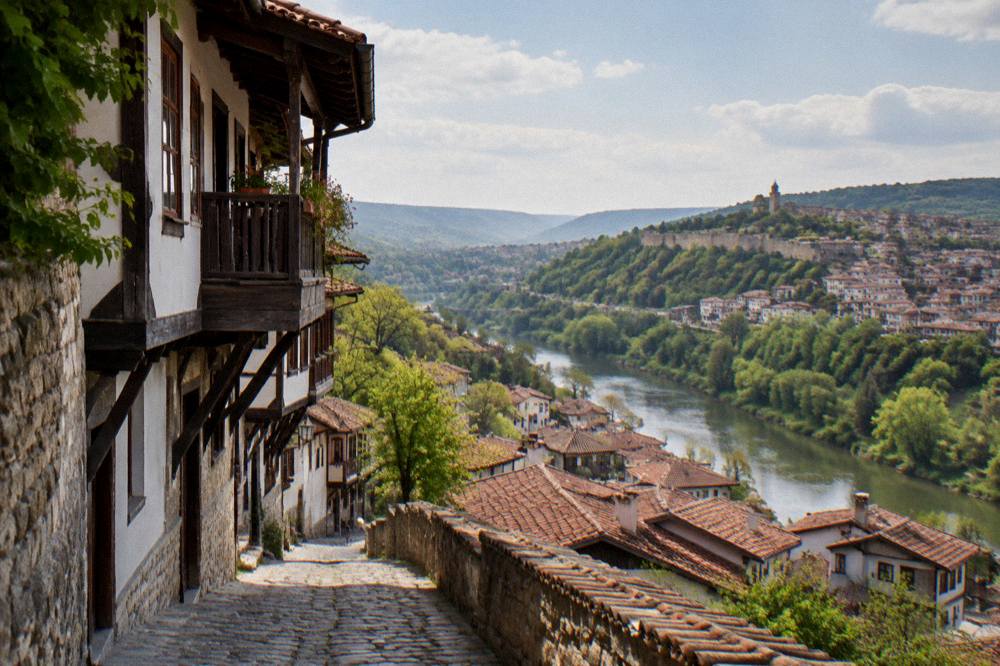 Panoramic view over red rooftops of Veliko Tarnovo and the river bend below