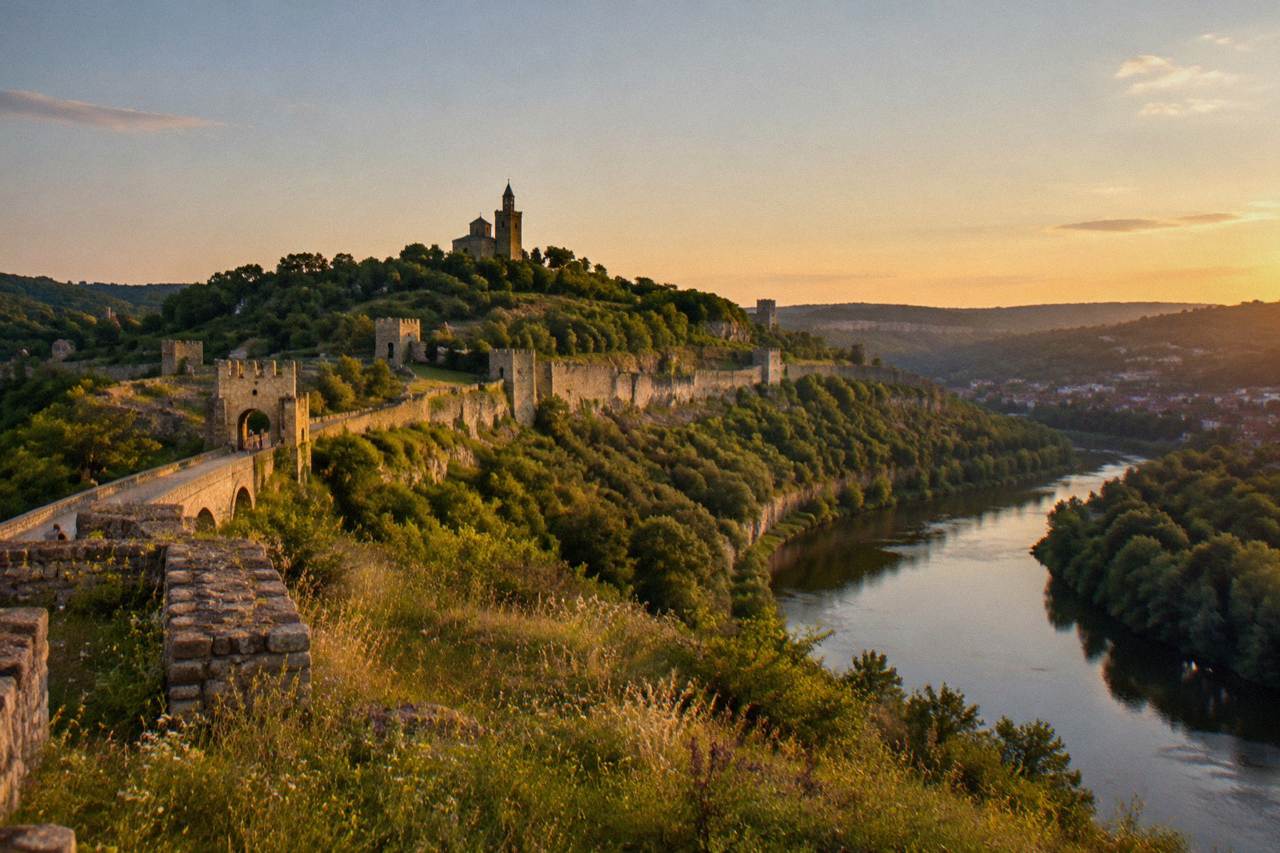 A stone fortress wall on a hill above a river bend in a Bulgarian town at dusk