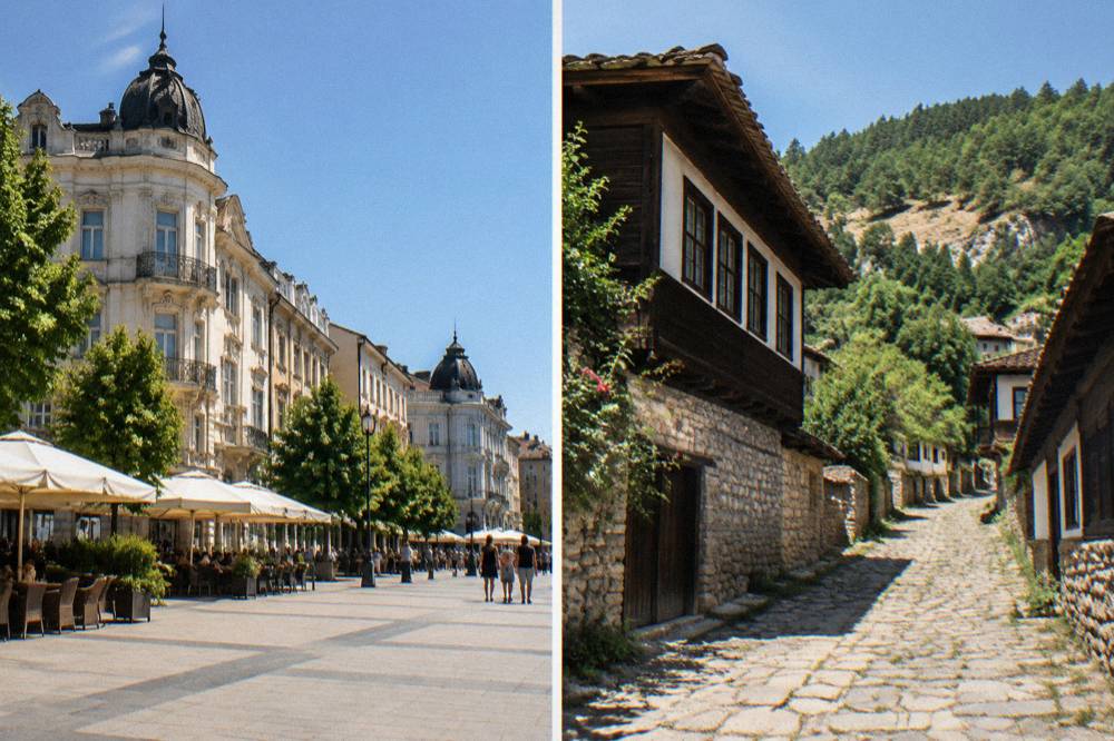 A village street with old wooden houses on a hillside in central Bulgaria