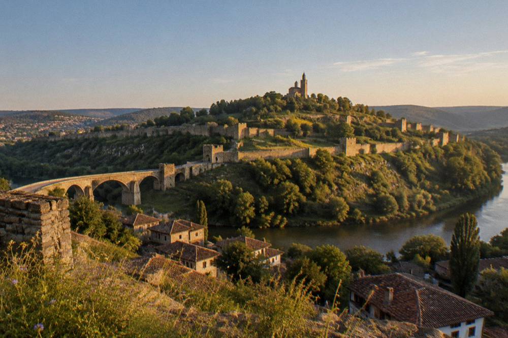 A medieval fortress hill rising above a river with old rooftops in the foreground