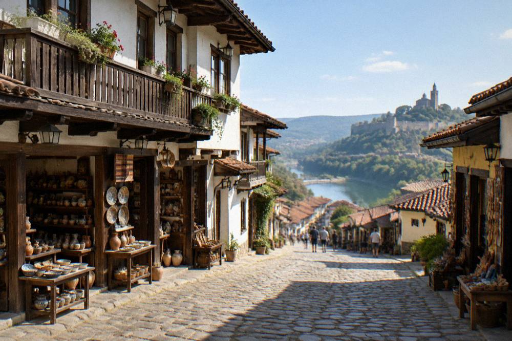 Cobbled Samovodska Charshiya street with old revival-era shopfronts in Veliko Tarnovo