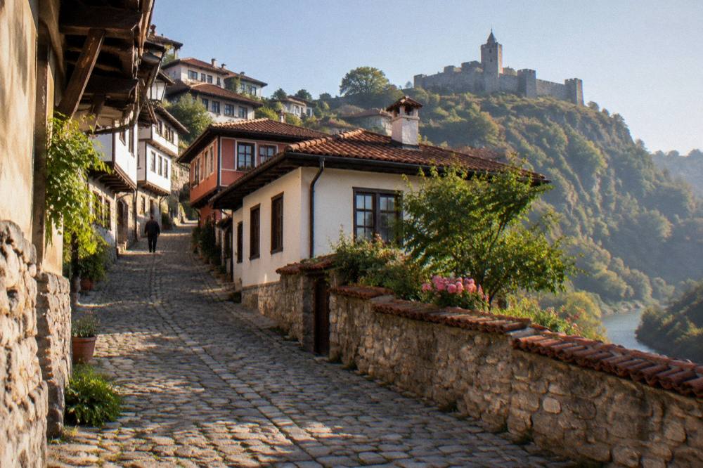A narrow cobbled lane in the Varosha quarter with traditional houses on the slope