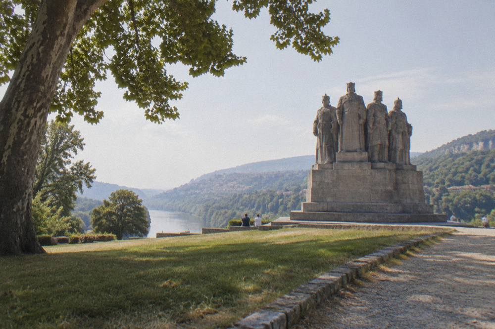 The Asenevtsi Monument of four medieval kings beside the Yantra river in Veliko Tarnovo