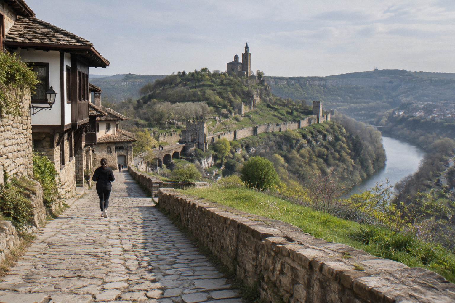 Cobbled street between old houses with an open view of the river valley