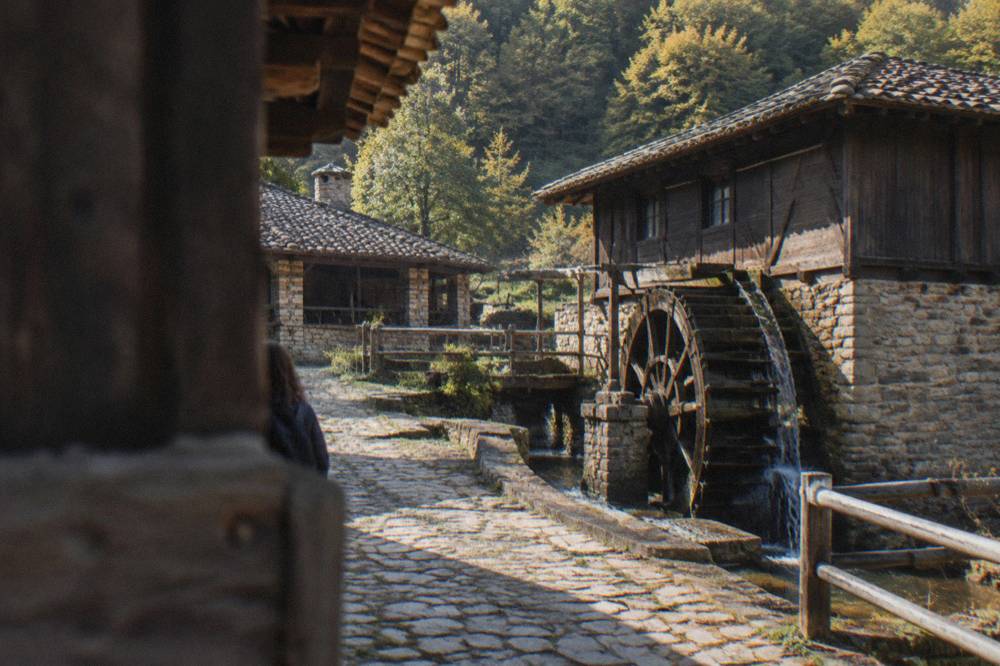 Wooden waterwheel and nineteenth-century workshops at the Etar open-air museum near Gabrovo