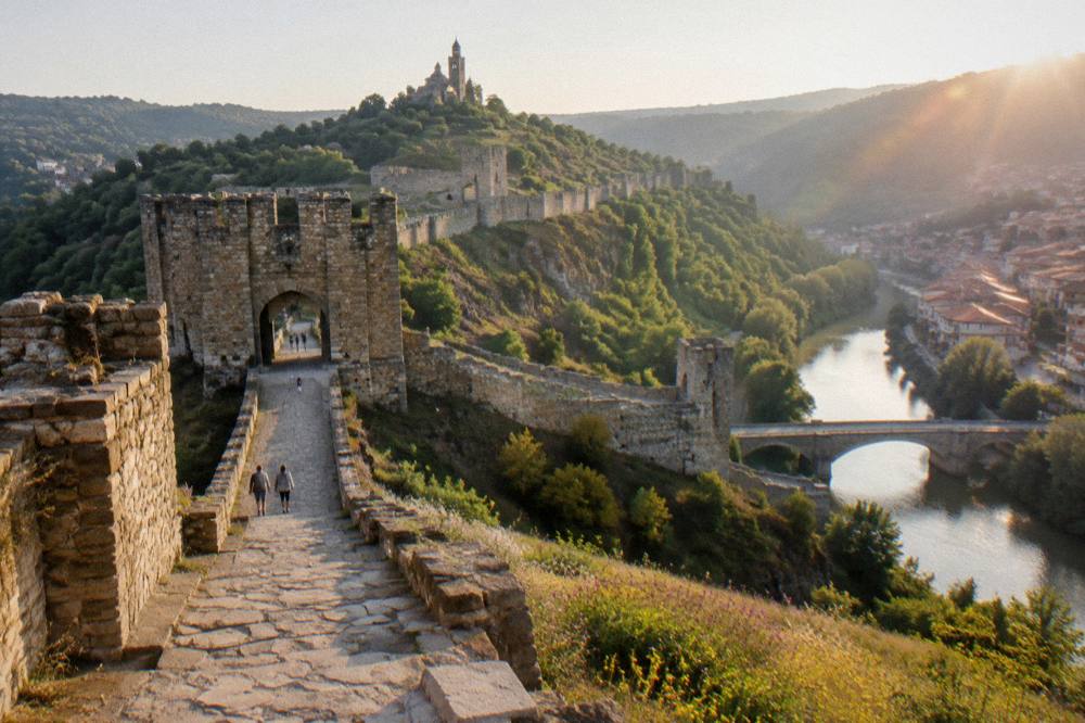 Entrance gate and stone fortifications of Tsarevets Fortress seen from the main approach path